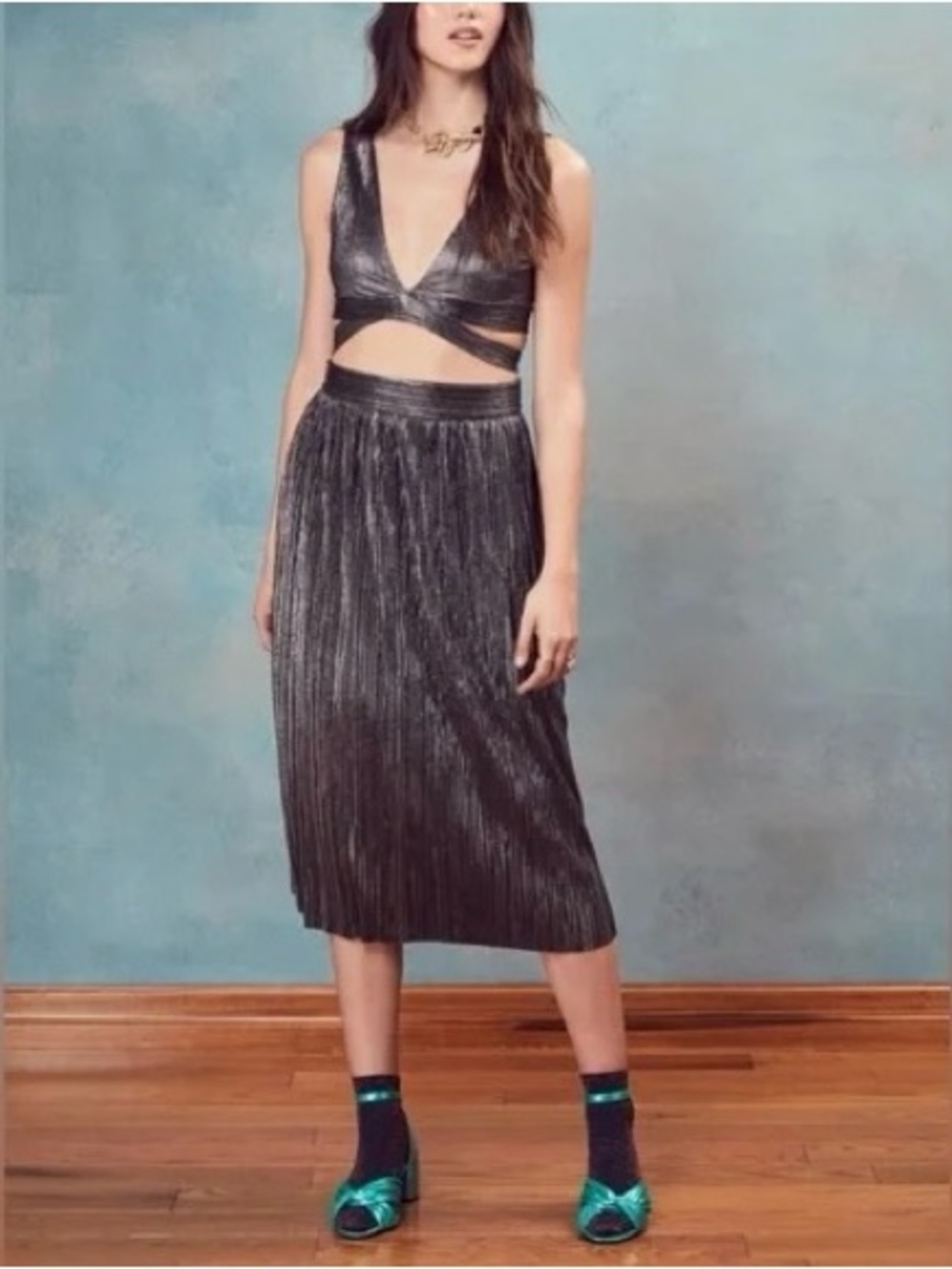 NWOT For Love & Lemons Marion Gunmetal Pleated Midi Skirt Metallic Black Glam